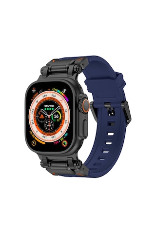 Watch Ultra 49mm Uyumlu Ezo Krd-101 Titanyum Metal Başlıklı Silikon Kordon-siyah-mavi