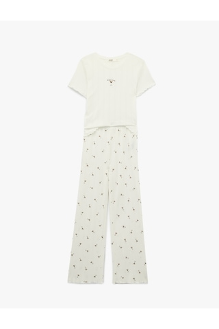Koton Pamuklu Desenli Kısa Kollu Dokulu Pijama Takımı Beyaz 6slk40080mk