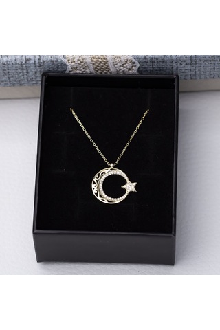 Ayyıldız Zirkon Taşlı Otantik Desenli Gold Rengi 925 Ayar Gümüş Kadın Kolye Gold