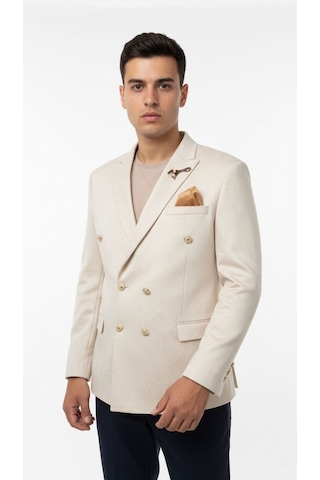 Plus Scorpion Erkek Suet Blazer Ceket Şık Düğmeli Takım Elbise Üstü Slim Fit Model Krem