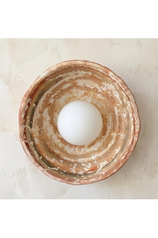 El Yapımı Seramik Kil Aplik - Minimalist Wabi Sabi Duvar Apliği - G9 Led Aydınlatma - Japandi Terakota - Çap 25 Cm