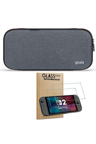 Gizala Switch 2 Slim Taşıma Çantası + Switch 2 Temperli Cam Ekran Koruyucu 2li Bundle Paket