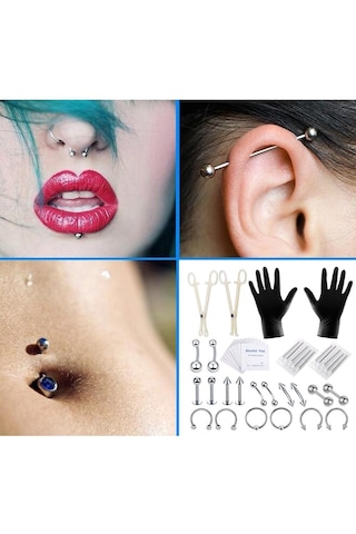 Dolıty 42 Parça Profesyonel Piercing Seti Gümüş-1.2x10+3 Çok Renkli