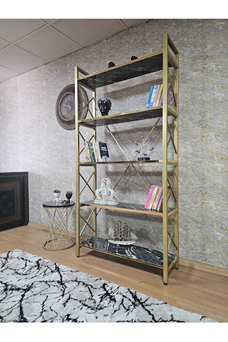 Gold Boyalı Kitaplık - 5 Raflı Suntalem Lüks Kitaplık Luanda Gold Çok Renkli