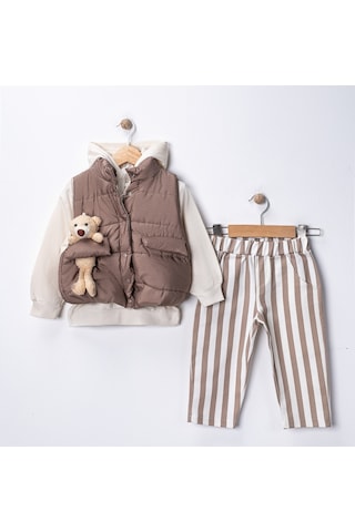 Harika Kids Erkek Bebek 3 Lü Takım 9-24 Ay Şişme Yelek %100 Pamuk Sweatshirt Gabardin Pantolon Kahverengi