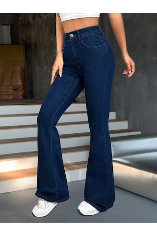 Valensdesign Kadın Yüksek Bel Paçaya Doğru Geniş Kot Pantolon Lacivert