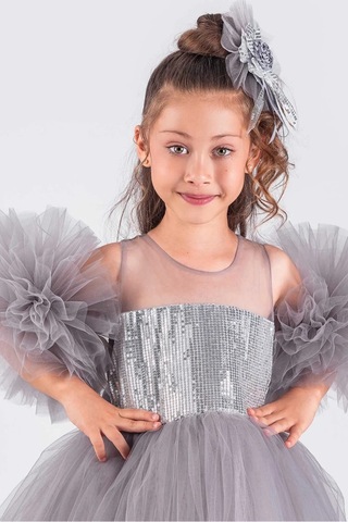 Kız Çocuk Abiye Elbise Ponpon Kol Pul Payetli Tütülü Gri