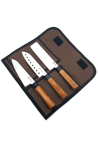 4 Parça Deri Çantalı Şef Bıçağı Bıçak Seti Hediyelik Bıçak Kahve