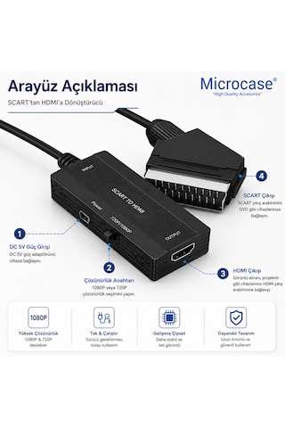 Microcase Scart Giriş Hdmı Çıkış Tak Çalıştır Dönüştürücü Full Hd Görüntü Adaptörü Al5764 Siyah
