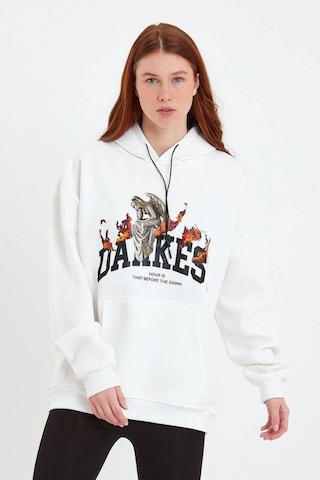 Mbb E-ticaret Kadın Oversize Kapüşonlu Cepli Baskılı 3 İplik Pamuklu Hoodie Sweatshirt - Beyaz
