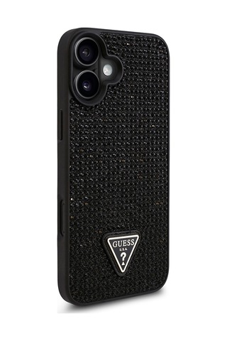 Apple Uyumlu iPhone 16 Plus Kılıf Guess Lisanslı Üçgen Logolu Taşlı Kapak Siyah