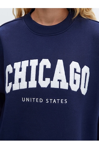 LC Waikiki Lcw Vision Lacivert Bisiklet Yaka Baskılı Oversize Kadın Kalın Sweatshirt Lacivert Hfh