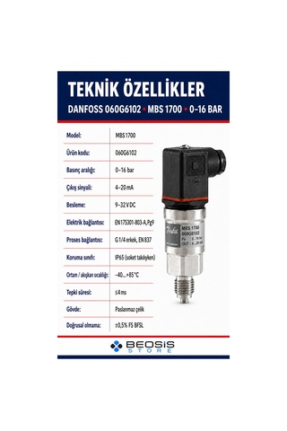 Danfoss 060g6102 Mbs 1700 0-16 Bar Basınç Transmitteri