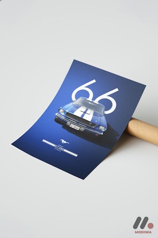 Ford Mustang 1966 Mavi Poster, Çerçevesiz Yüksek Kalite Duvar Afişi - Oto Severlere Özel Hediye