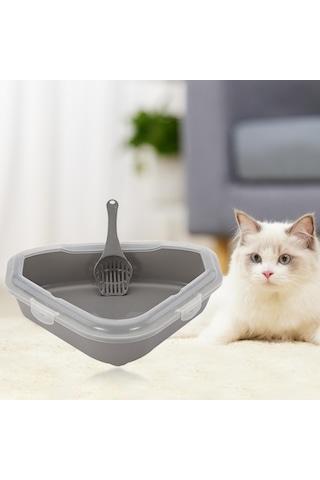 Kedi Kumu Kabı Ve Kepçe Kedi Kumu Kabı Üçgen Dayanıklı Kedi Kumu Kabı Gri