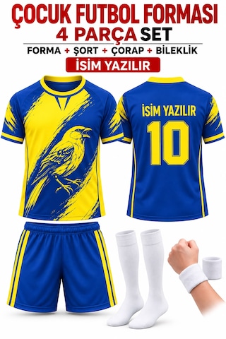 Yenteks İsim Yazılır Çocuk Futbol Forması Sarı Lacivert Kanaraya Dijital Baskı 4 Parça