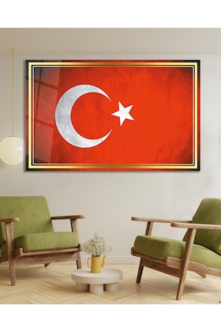 Bayrak Cam Tablo Modern Ofis Makam Odası Hediyelik Büyük Tablo Duvar Dekoru