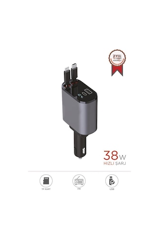 Torima G16 120w Süper Hızlı Şarjlı Transmitter Araç Şarj Cihazı Çift Type-c & Lightning Kablo, Dijital Göstergeli, 80cm Kablo