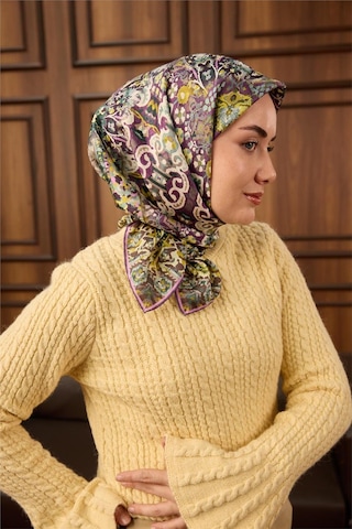 Silk Home Twill İpek Eşarp Mürdüm-butter Yellow Desenli Tok Duruşlu 90x90 Çok Renkli
