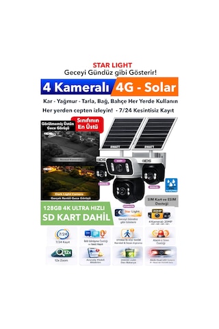 4 Kamera 20mp Güneş Enerjili 4g Güvenlik Kamerası Startlight Üstün Gece Görüşlü 128gb Sd Kart