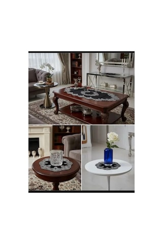 Gees Global Salon Takımı 5 Parça Velvet Kadife Dantelli Masa Örtüsü Runner Seti Elora Model No 3616- Siyah Gbzs