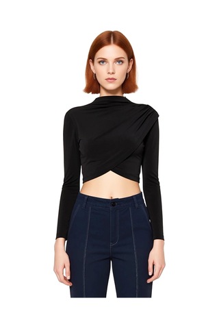 Frm Kadın Moda Şık Üst Giyim Super Crop Dik Yaka Slim Kalıp Örme Drap siyah