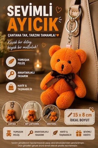1 Adet Turuncu Peluş Ayıcık Anahtarlık 15x8 Cm Çanta Sırt Çantası Anahtar Aksesuar Sevimli Fiyonk