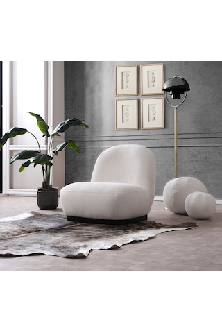 Vipa New Moon Lüks Modern Şık İskandinav Tasarım Tekli Koltuk, Berjer, Comford, Salon Ve Oturma Odası İçin Kırık Beyaz Teddy Kırık Beyaz