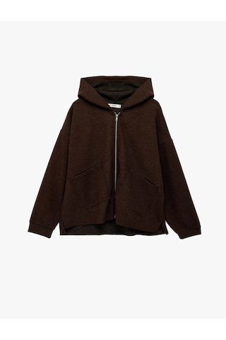 Koton Kaşe Uzun Kollu Kapüşonlu Cep Detaylı Oversize Fermuarlı Sweatshirt Kahverengi 6sal10398ık Kahve
