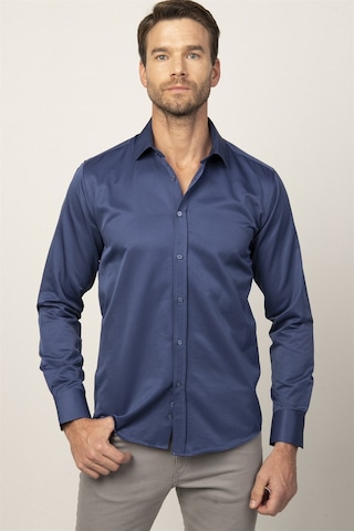 Tudors Modern Slim Fit Düz Saten Erkek Gömlek-23053 Lacivert