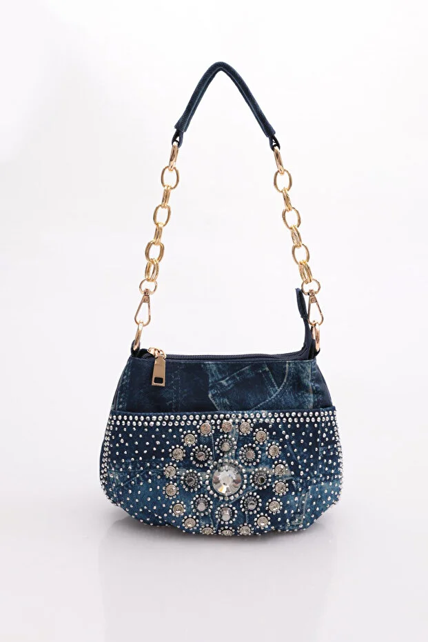 Guja C1090 Kadın Taşlı Denim Küçük Omuz Ve Çapraz Çanta Kot Lacivert