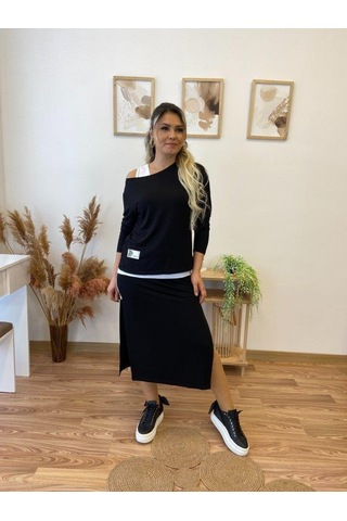 Kadın Uzun Kollu Tek Omuzu Açık Viskon Bluz Içi Atletli Ve Yandan Şeritli Üçlü Viskon Ikili Takım Siyah