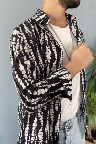 Siyah Desenli Uzun Kollu Oversize Gömlek 001