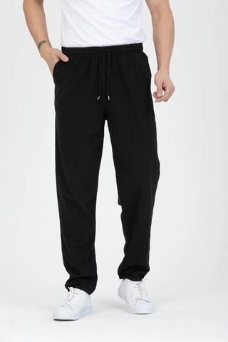 Baw Company Unisex Ince Yazlık Beli Lastikli Kordonlu Keten %100 Pamuklu Kumaş Pantolon Pijama Siyah