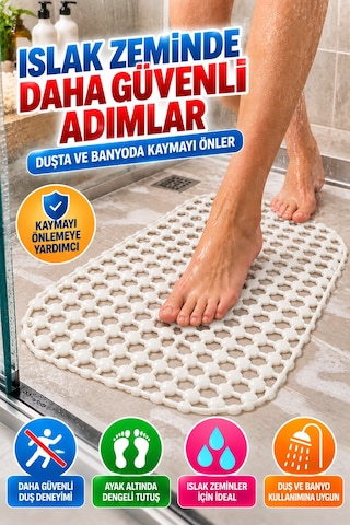 Crystal Kaymaz Vantuzlu Banyo Paspası Beyaz 68x35 Cm Islak Zemin Kaydırmaz Küvet Duşakabin Pvc Matı