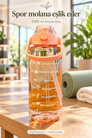 Madamev 3lü Motivasyonel Suluk Matara Seti 2000+750+280 Ml Pipetli Stickerlı Askılı Spor Ve Okul Su Çok Renkli
