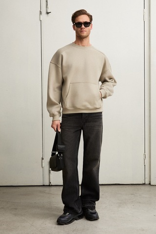Grimelange Coyotes Erkek Bisiklet Yaka Kangru Cepli Organik Pamuk Regular Fit Açık Haki Sweatshirt Açık Haki