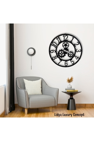 Metal Dişli Tasarımlı Duvar Saati - 40 Cm Siyah Sessiz Mekanizma Siyah