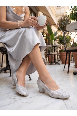 Nesilshoes Nesil Shoes Özma 970 Gümüş Topuklu Taşlı Kadın Ayakkabı GÜMÜŞ