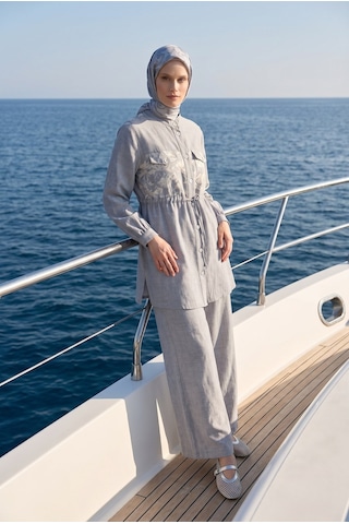 Armine Trend Çiçek Desenli Beli Büzgülü Tunik Ve Geniş Paça Pantolonlu Takım İndigo 26yt6156