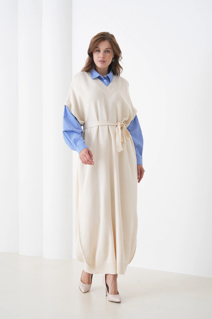 Kadın Uzun Kol Gömlek Yaka İçi Gömlekli Triko Kuşaklı Triko Spor Şık Elbise Bej