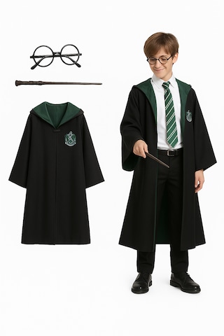 Kg Harry Potter Premium Kostüm Seti Cübbe - Asa - Gözlük Slytherin Yeşil