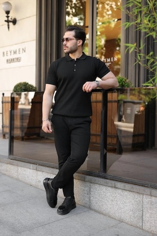 Valensdesign Erkek Düğmeli Yaka Kısa Kollu Triko Tişört Siyah