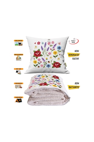 Nakış İşleme Çiçekler Efektli Baskılı Tv Battaniyesi Olabilen Dekoratif Yastık Kırlent Battaniye Çok Renkli