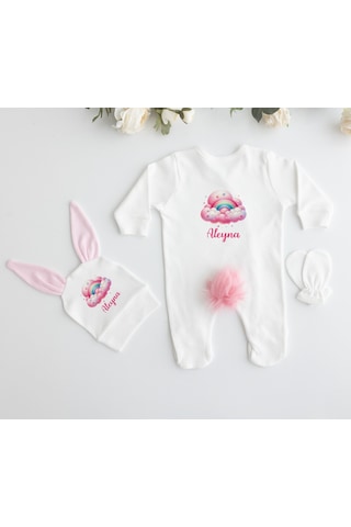 İsme Özel %100 Pamuk Baskılı 11'li Organik Bebek Tavşanlı Set Mn172