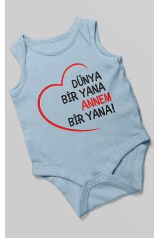 Morivokids Dünya Bir Yana Annem Bir Yana Sıfır Kollu Bebek Zıbını %100 Pamuk Bebe Mavisi