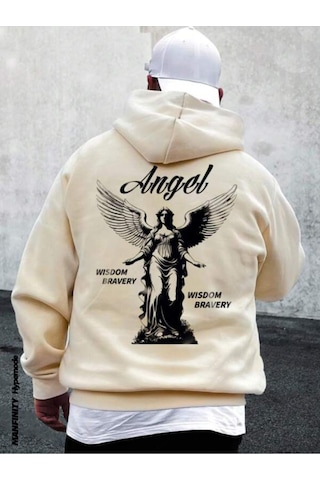 Unisex Bej Sırt Angel Baskı Kapüşonlu Sweatshirt 001