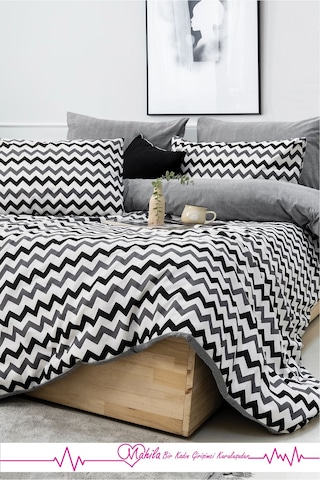 Battal Boy Lüks Pamuklu Nevresim Seti Beyaz Zikzak Desen Çok Renkli