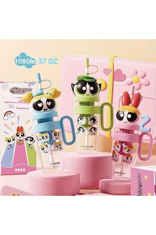 Wangxi Powerpuff Kızlar Buttercup Yeşili Blossom Su Bardağı Pipetli Kapaklı 37oz Ice King Kupa Sızdırmaz Seyahat Matarası Ahşap