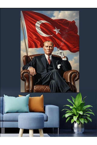 Koltukta Oturan Gururlu Atatürk Portresi Dekoratif Kanvas - Mdf Ahşap Tablo